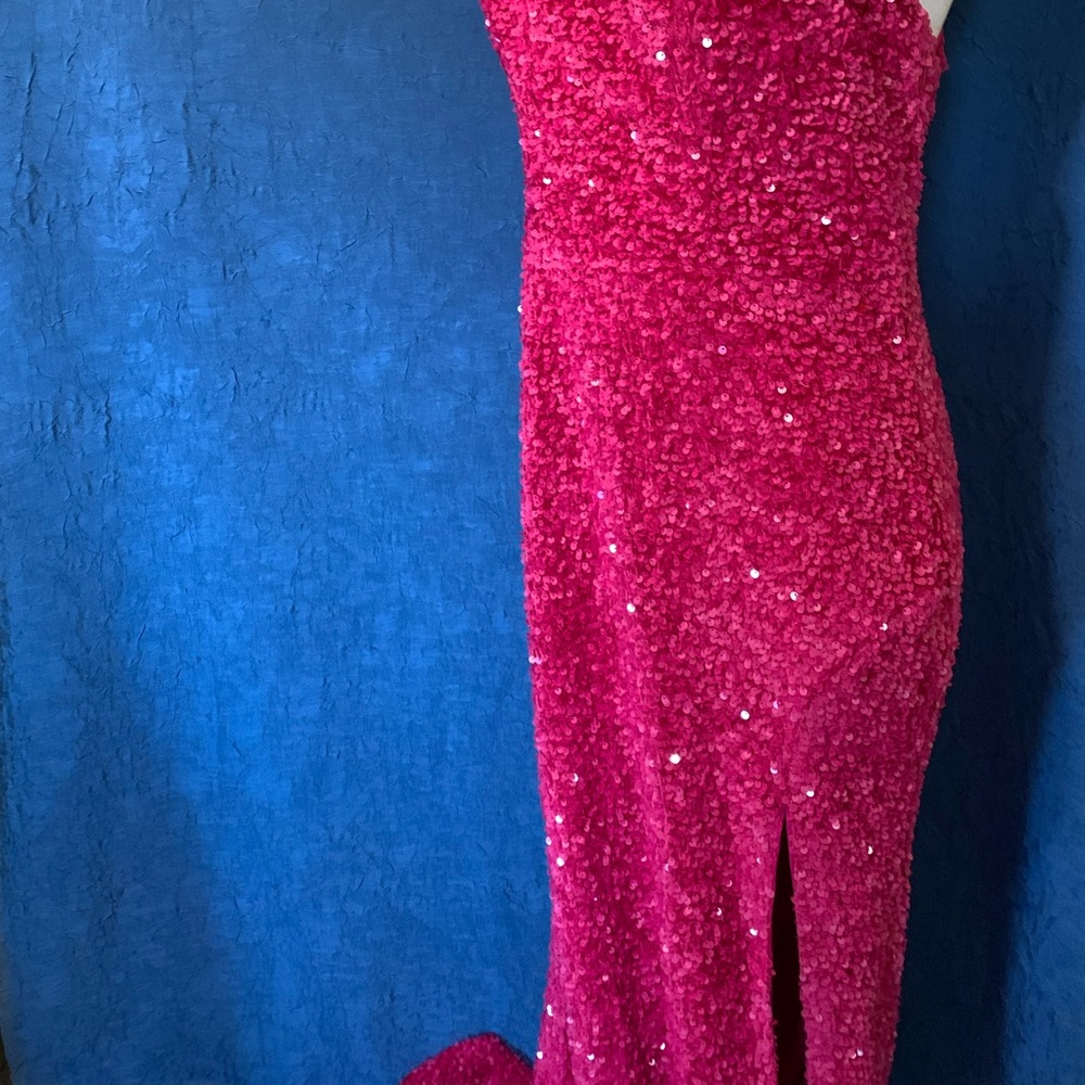 OneShoulder Column Sequin Gown Train Fuchsia Magenta Hot Pink Statement - Picture 9 of 15